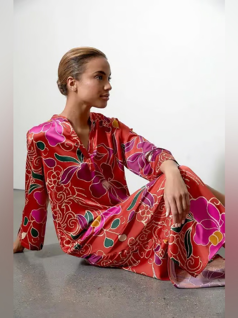 NATORI Floral Nomad Caftan Kimono Maxi Night Gown Cover Up Dressy Hamptons S 6/8